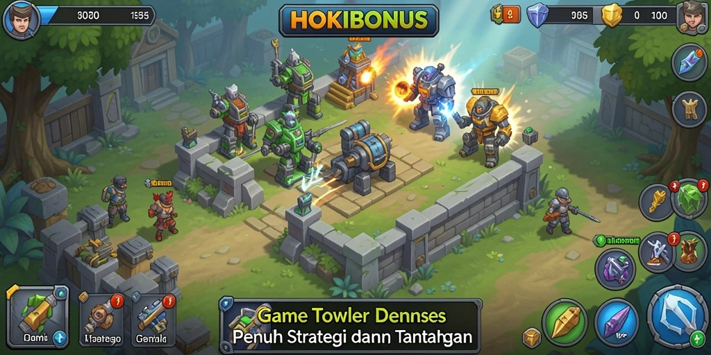 Screenshot gameplay HOKIBONUS dengan menara yang aktif menyerang musuh.