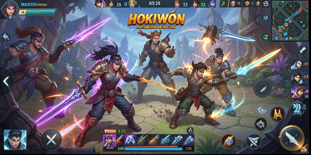 Screenshot utama HOKIWON menampilkan pertempuran epik di arena MOBA.