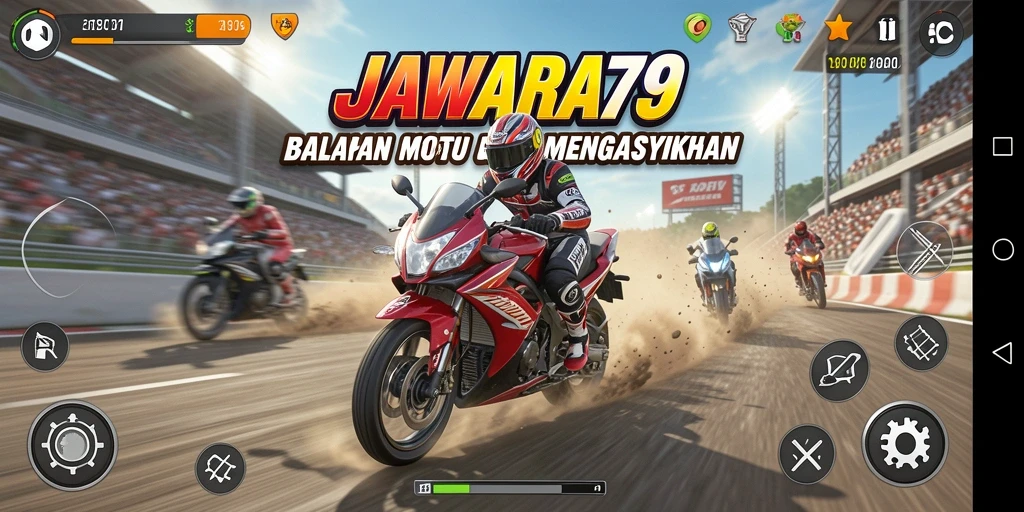 Tampilan gameplay aksi balap motor yang seru di JAWARA79.