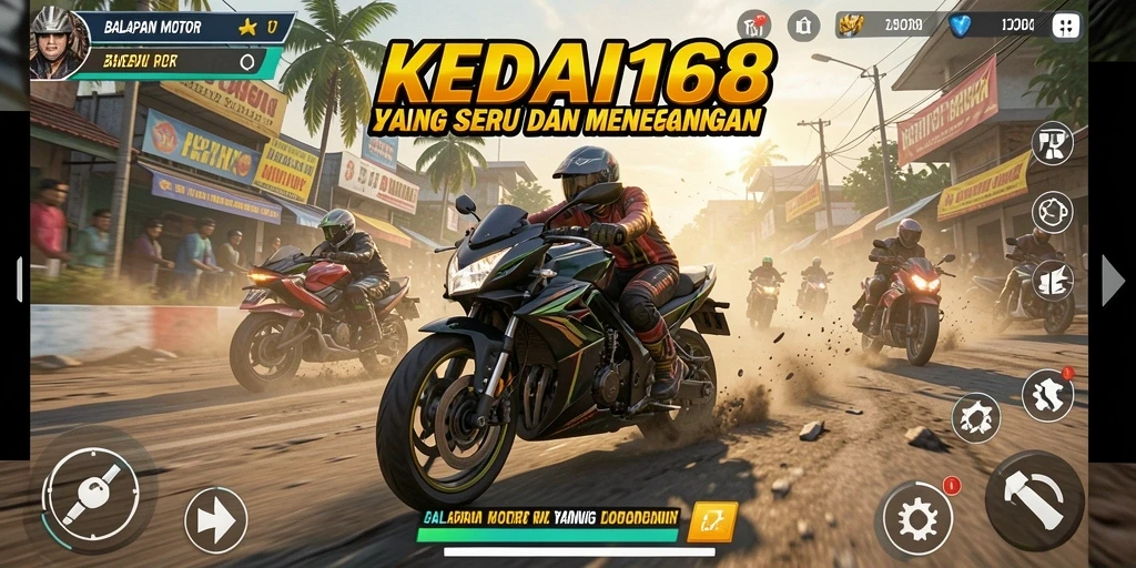 Gameplay KEDAI168 menampilkan aksi balapan motor yang seru dan mendebarkan.