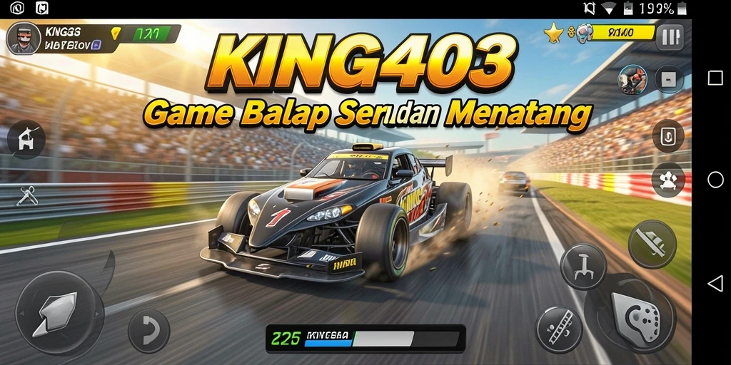 Tampilan gameplay <strong>KING403</strong> yang menegangkan dengan mobil balap di lintasan.