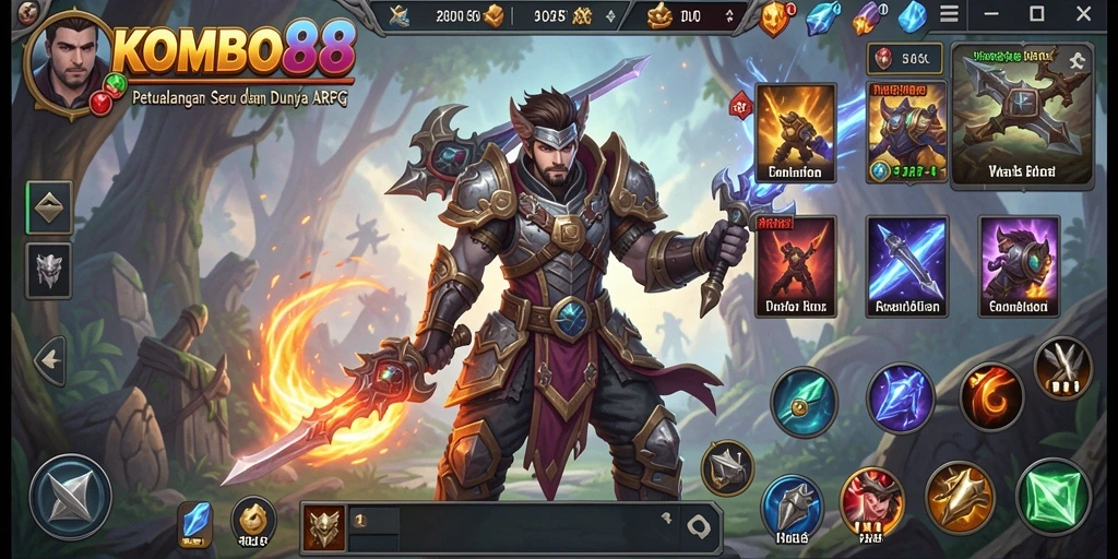 Tampilan gameplay yang menampilkan pertempuran dan pencarian di KOMBO88.