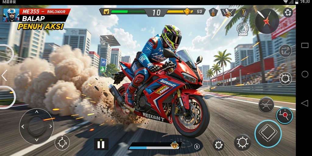 Screenshot gameplay ME355 menampilkan balapan motor yang intens.
