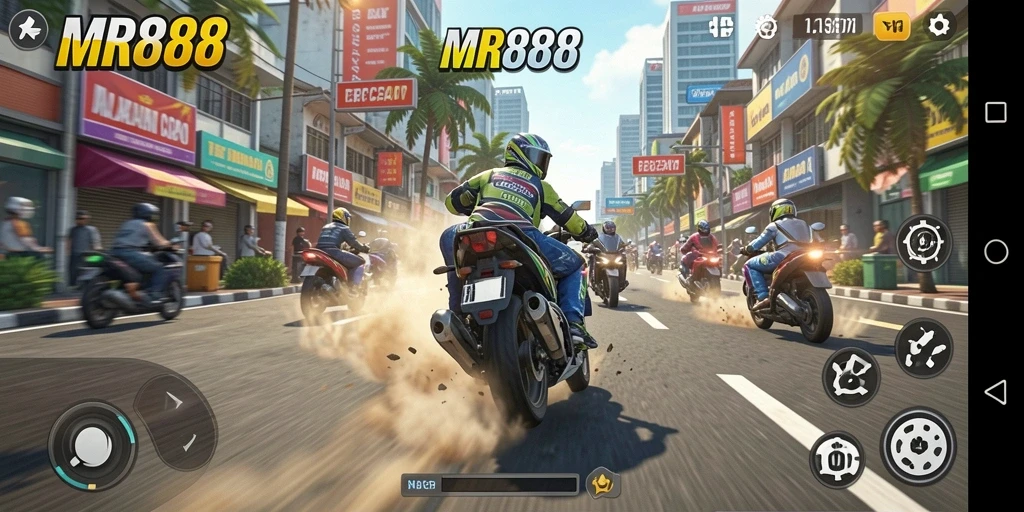 Tangkapan layar menunjukkan balapan motor yang mendebarkan dengan aksi cepat.