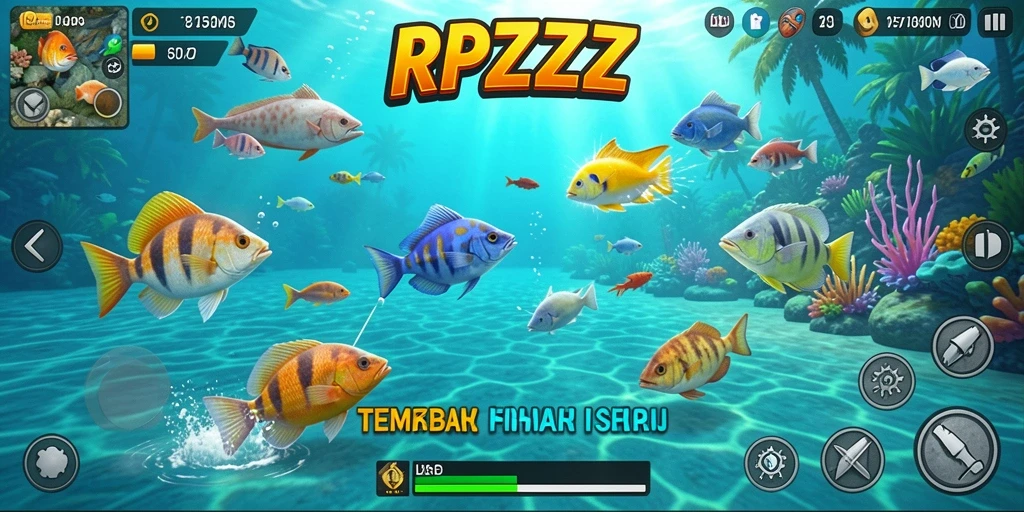 Gameplay menembak ikan yang seru dan penuh aksi.