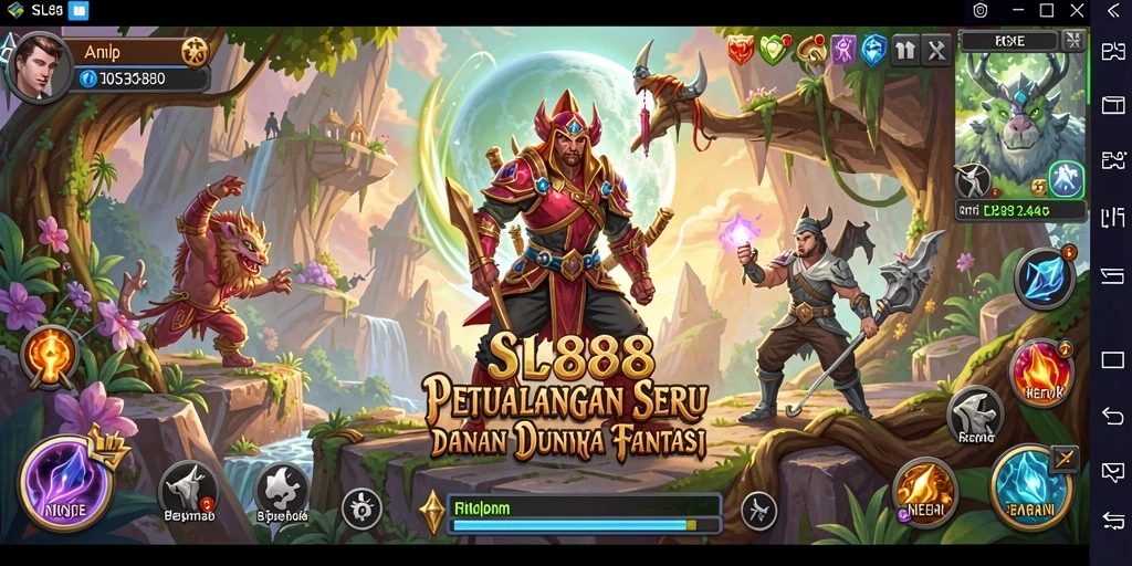 Screenshot gameplay SL888 dengan aksi pertempuran seru dan karakter fantastis.