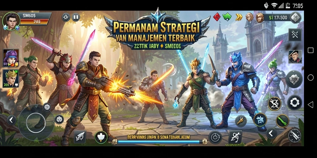 Tangkapan layar utama SM605 menampilkan pertarungan strategis di medan perang.