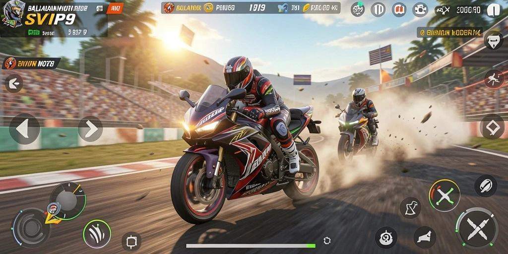 Screenshot gameplay balapan motor di SVIP9 dengan aksi mendebarkan.