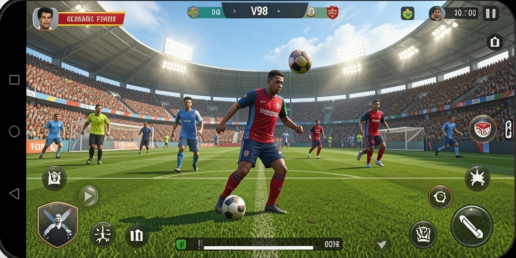 Screenshot gameplay V98 menampilkan aksi mendebarkan dalam olahraga.